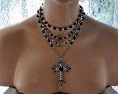 Filigree Cross Pendant Necklace,Swarovski Crystal JET BLACK,Vintage Style Necklace,Beaded Cross Necklace,Antique Silver,Art Nouveau,ANGELIC