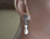 Vintage Style Earrings,Antique Silver Earrings,Bridal Pearl Earrings,Swarovski Crystal Pearl Earrings,Wedding Jewelry,ZOLA