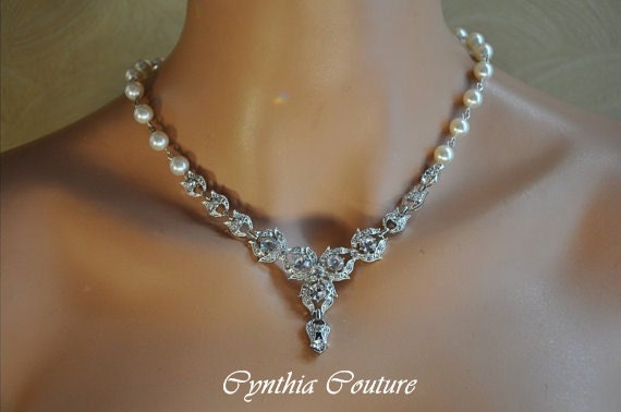 Bridal Jewelry Set,Bridal Necklace and Earring Set,Vintage Style Necklace,Swarovski Crystal Pearl Necklace,Wedding Necklace and Earring Set