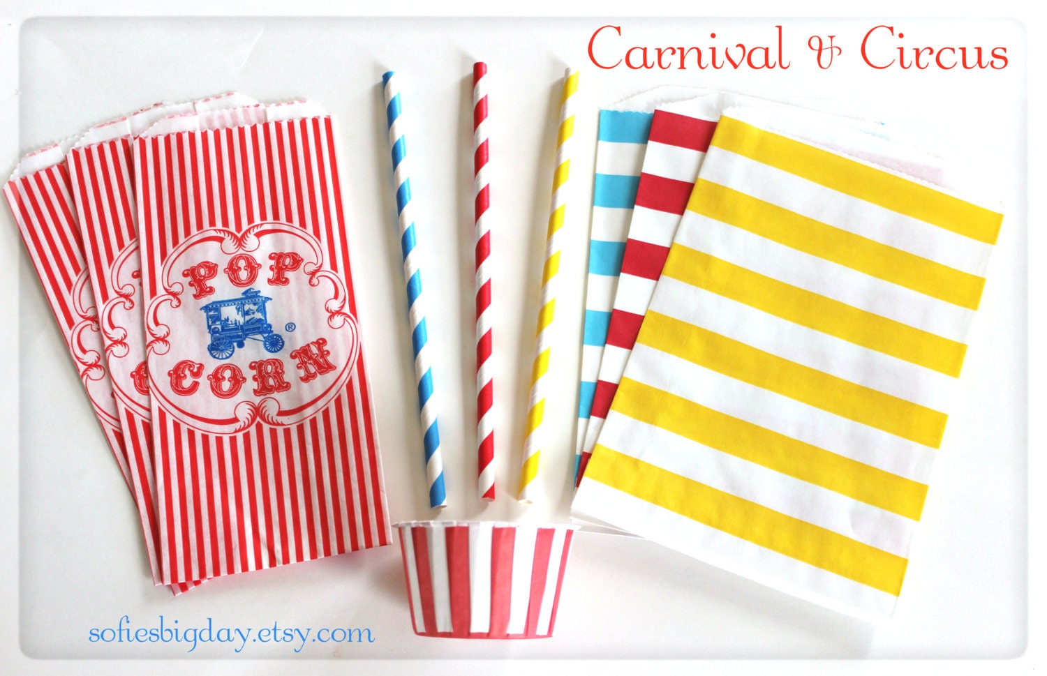 Carnival Circus Party Pack-Treat Bags-Striped Straws-Baking Cups-popcorn bags-party for 30-carnival party-circus party-movie night Il_570xn