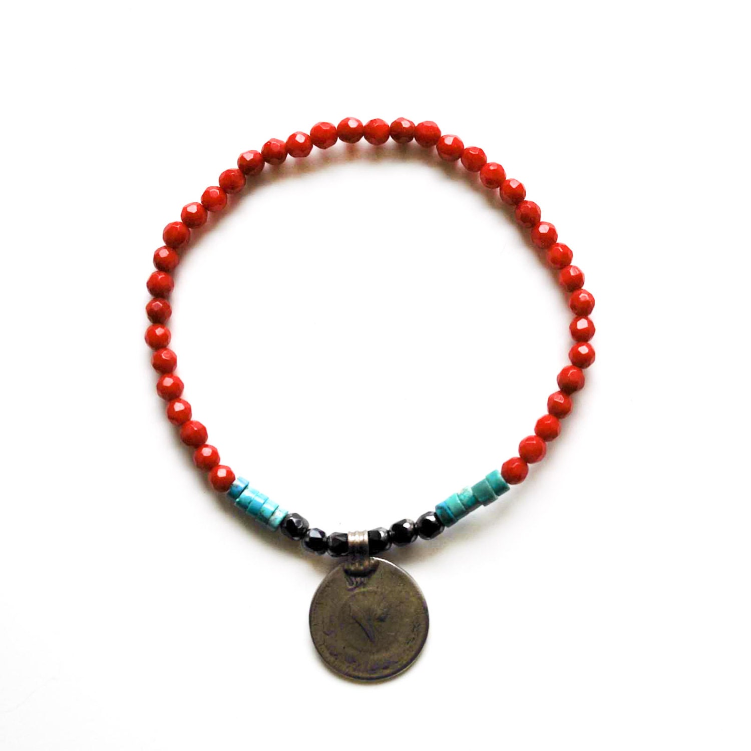 Men's Bracelet - Red Coral Bracelet - Afghani Coin