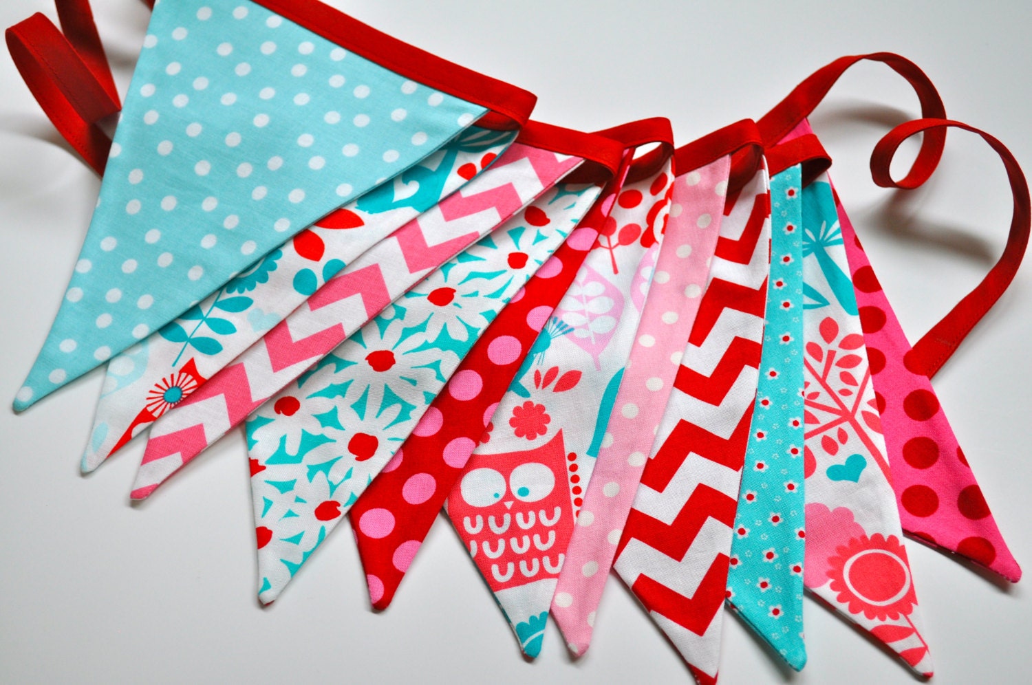 Red, Aqua & Pink Woodland bunting/banner, fabric pennants, birthday party, girls room decor, photo prop