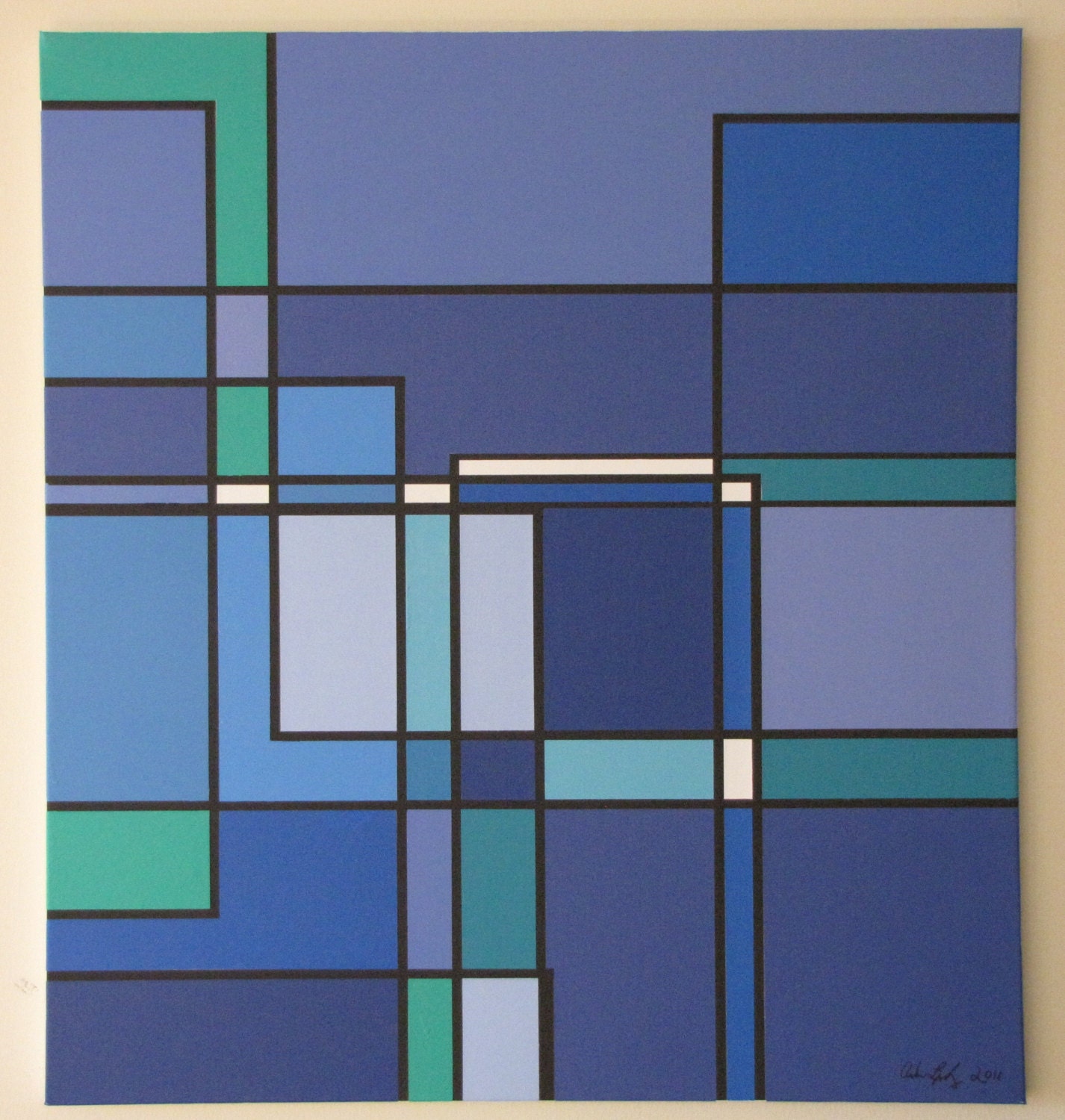 Stunning Blue De Stijl Giclee Art Print on Stretched Canvas (36" x 32") in the style of Mondrian