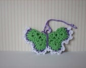 Crocheted butterfly little ornament keychain mintgreen purple and white