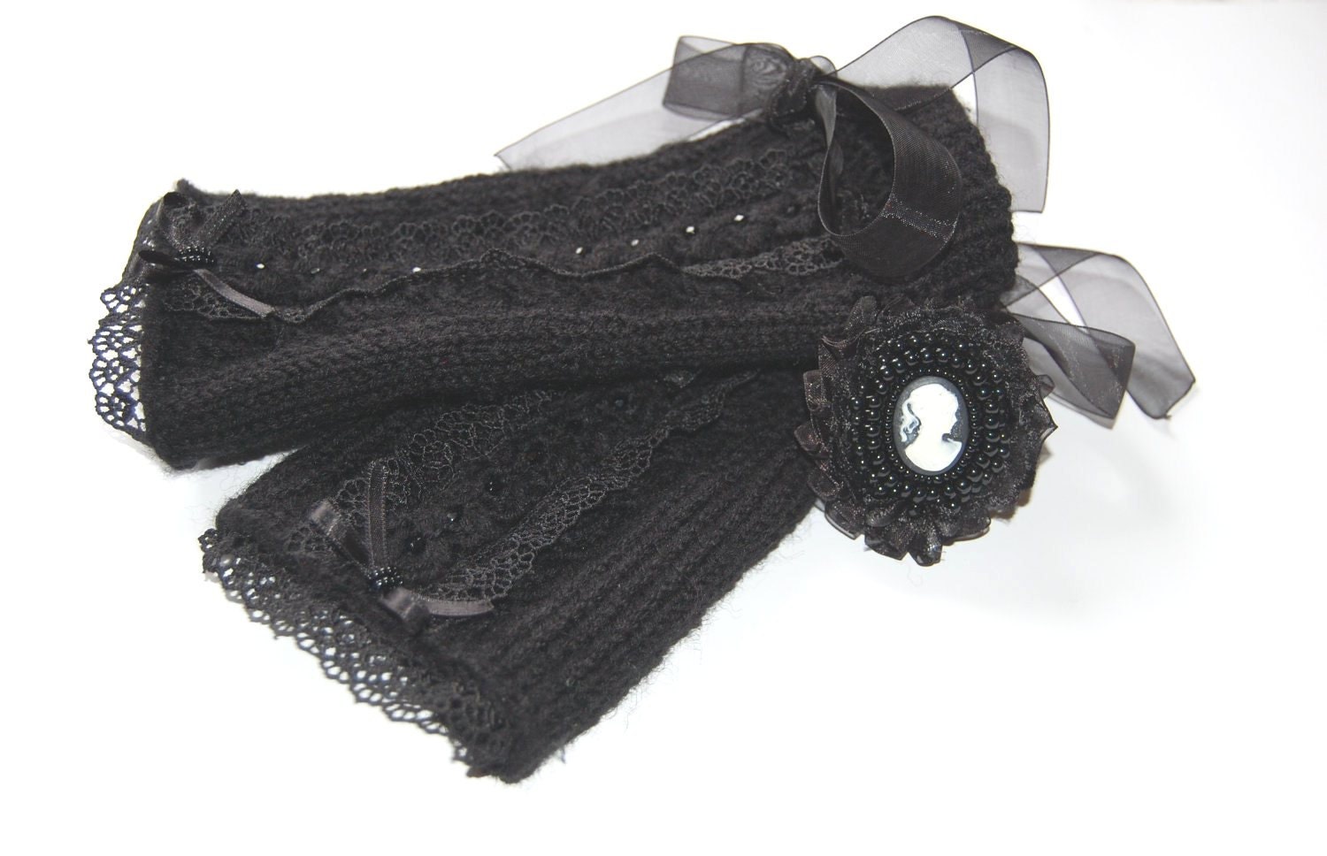 Gothic black fingerless gloves with laces and crystals Made to order