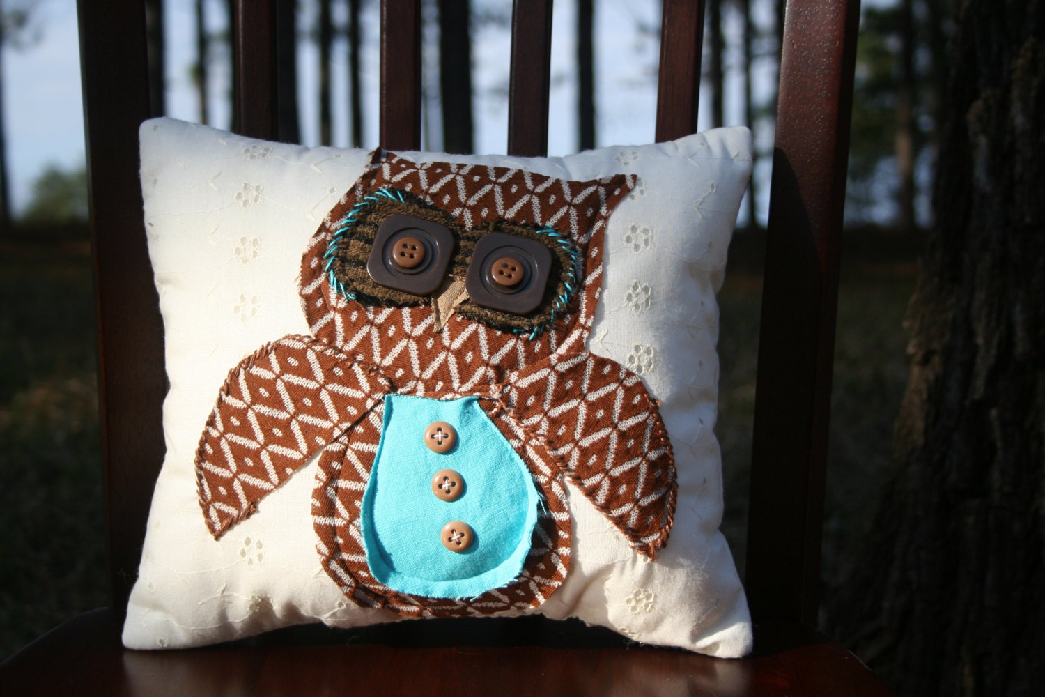 owls, pillows made from vintage and repurposed fabrics/buttons