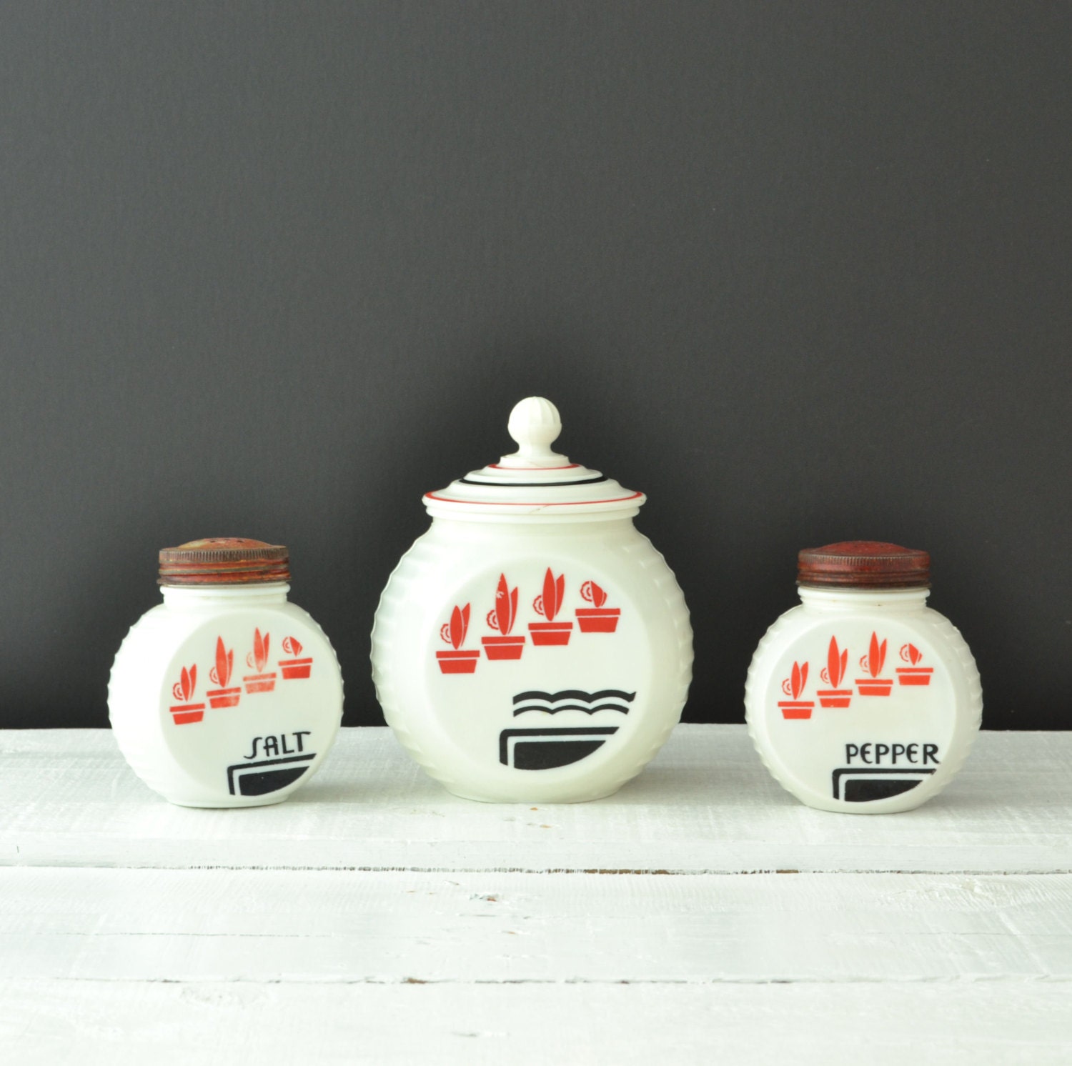 Anchor Hocking Range Set - Art Deco - Red Flower Pots - Salt and Pepper Shakers - Grease Jar - White Vitrock - Set of 3