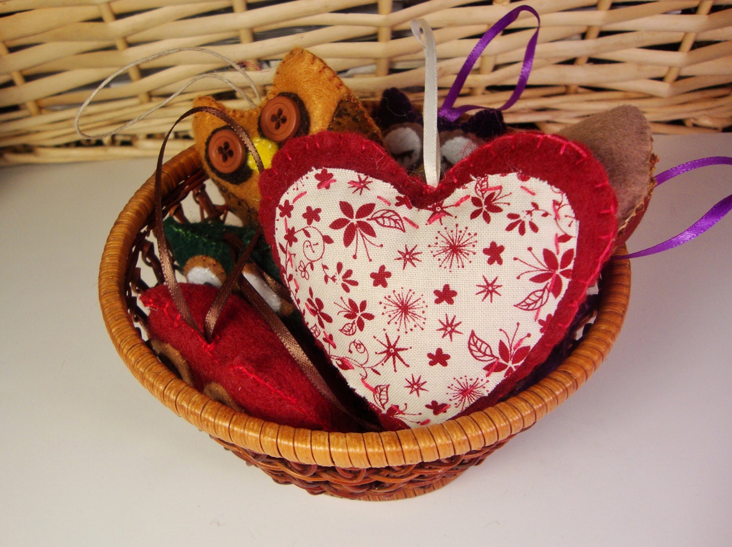 Primitive Felt Heart - Hanging Stuffed Heart Ornament - Reversible Primitive Felt and Fabric Heart