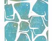 SALE CLEARANCE - Contemporary Modern Art Block Print 8 x 10 Home Decor / Lt. Turquoise, Gold, Black / Hand Pulled Linocut