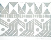 SALE Reduced Modern Lines Geometric Triangles, Circles Art Block Print 4 x 6 Home Decor / Silver and Subdued Blue / Hand Pulled Linocut