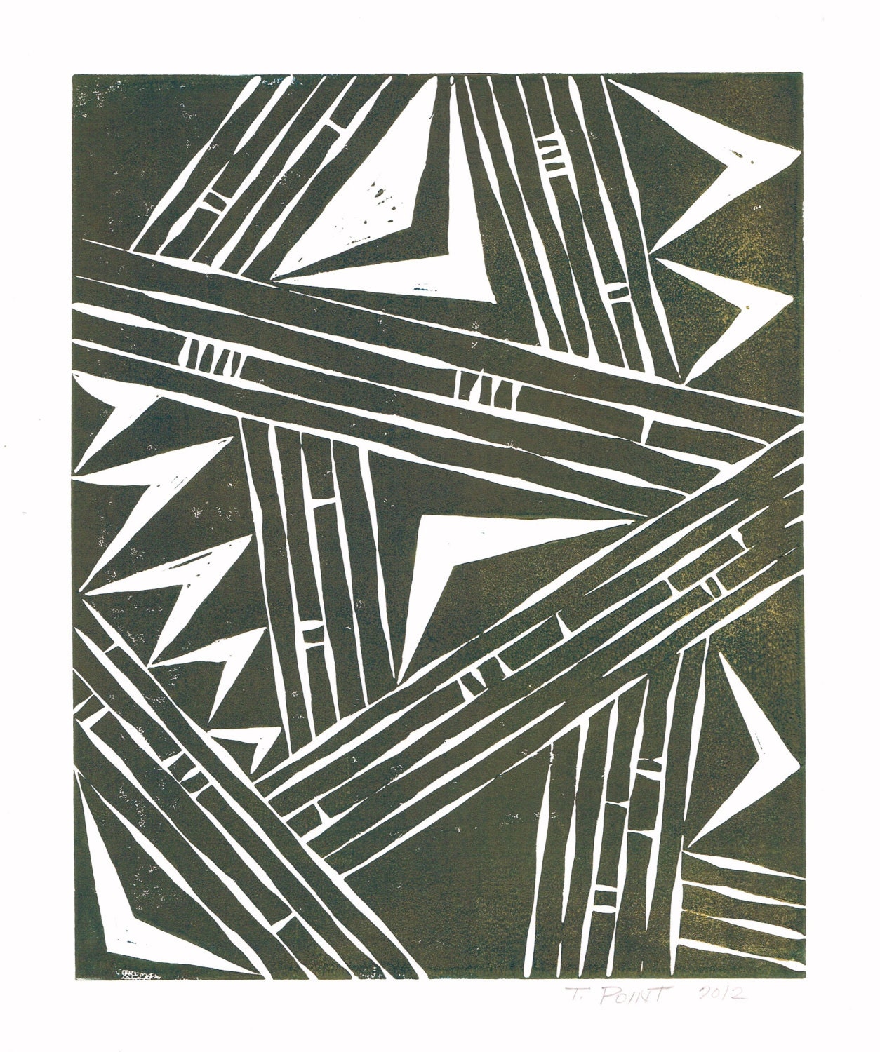 REDUCED Geometric Triangles Abstract Lines Linocut Art Print / 8 x 10 Home Decor / Dark Navy Blue, Dark Brown, Gold