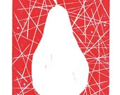 SALE Modern Abstract Pear Fruit Kitchen Poster Art Block Print 4 x 6 Home Decor / Red, Yellow / Hand Pulled Linocut