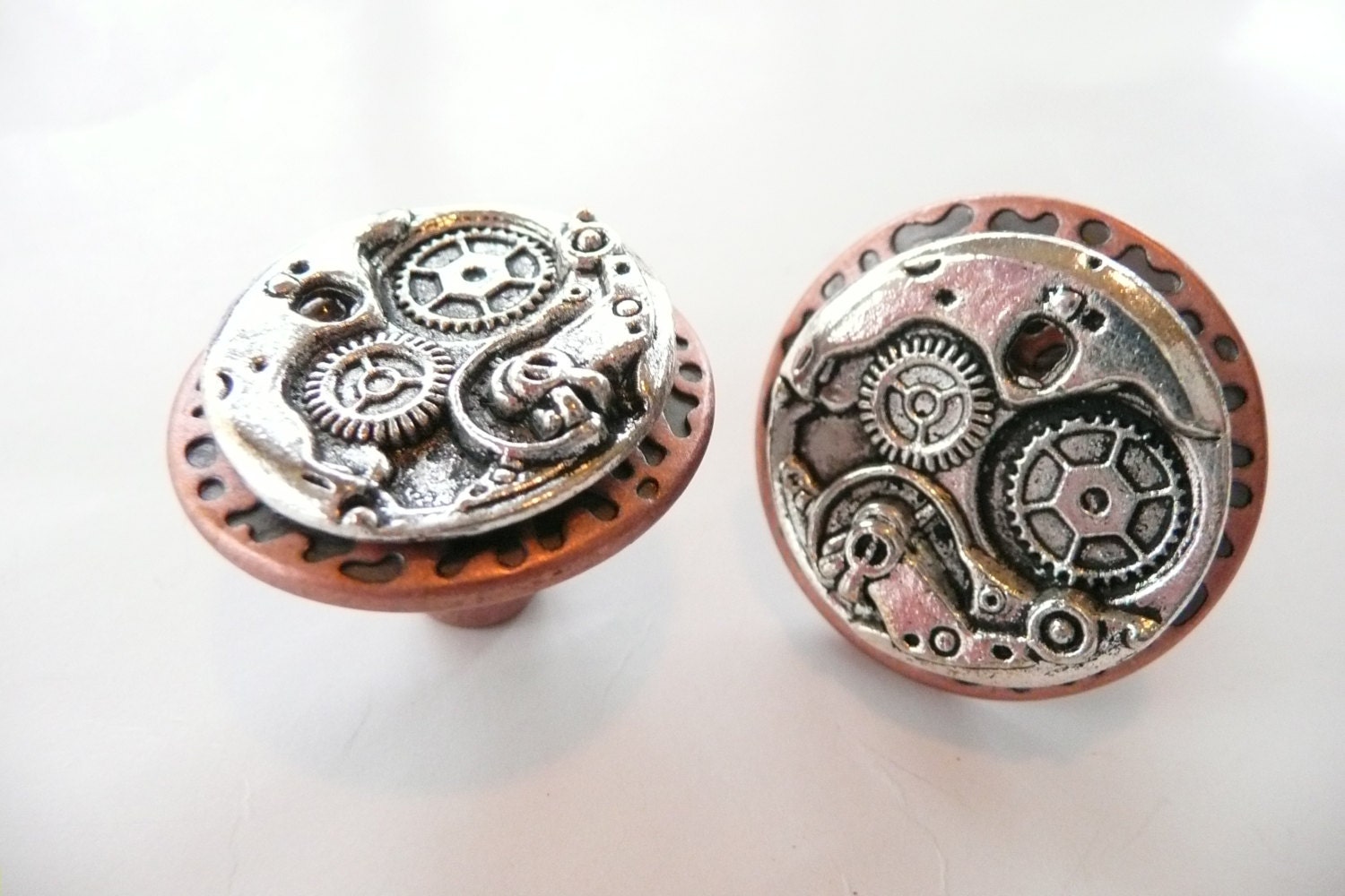 Steampunk Watch Movement Cabinet Knobs - Silver and Copper - Set of Two
