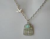Sparrow flying into her Birdcage with a dash of Seafoam Green Necklace Made to Order