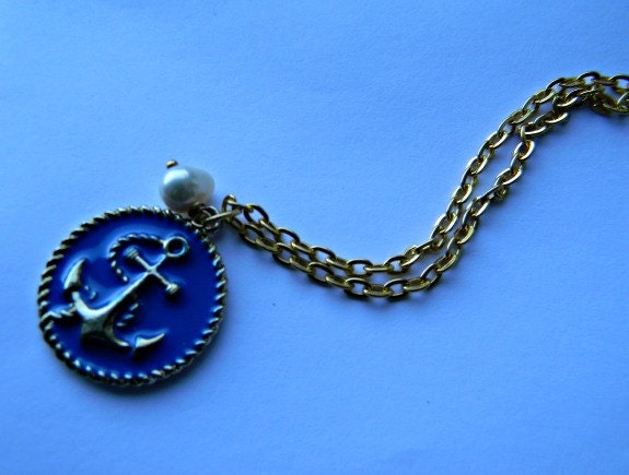 Blue & Gold Anchor Pendant with a Fresh Water Pearl Necklace