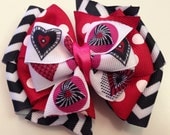 Black and White Zig Zag Stripes Red Polka Dots and Heart VALENTINES Boutique Style Ribbon Bow Handmade for PETS Dog Bow Collar Accessory