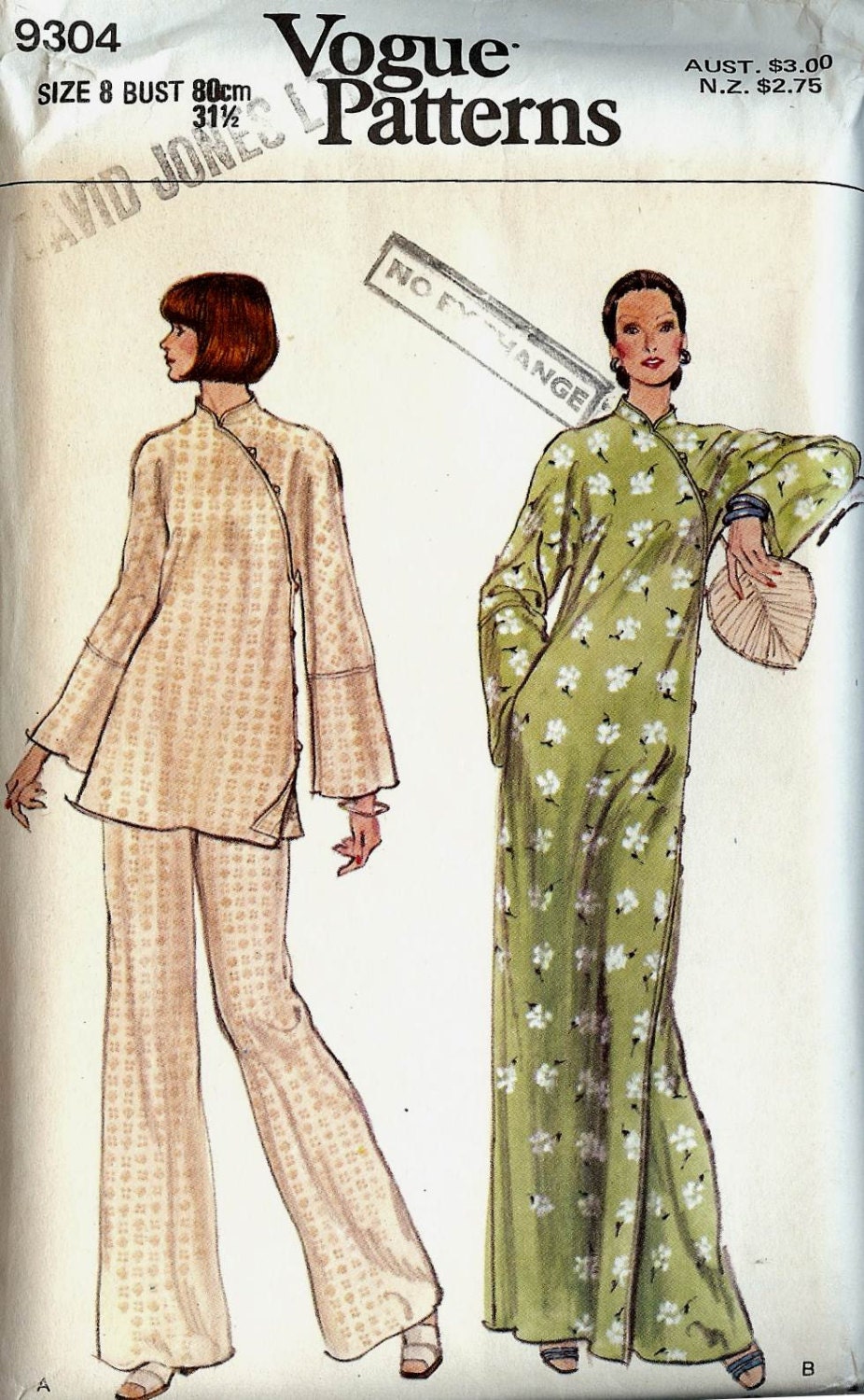 PATTERN Vogue 9304 Dress or tunic with mandarin collar asymmetric closing kimono sleeves and pants Size 8 Uncut