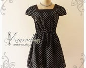 Black Polka Dot Dress Tea Party Garden Cocktail Dress Timeless Vintage Inspired Sleeve Dress Wedding Party Dress -Size M-