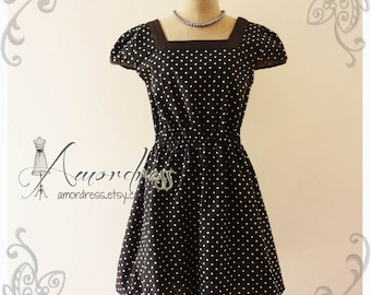 Black Polka Dot Dress Tea Party Garden Cocktail Dress Timeless Vintage Inspired Sleeve Dress Wedding Party Dress -Size M-