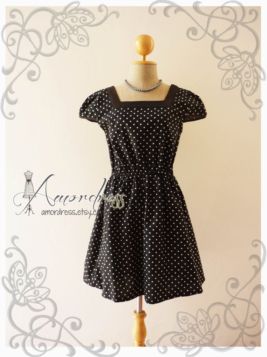 Black Polka Dot Dress Tea Party Garden Cocktail Dress Timeless Vintage Inspired Sleeve Dress Wedding Party Dress -Size M-