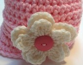 Newborn baby girl newsboy hat with flower.  Ready to ship.  Pink infant newsboy hat.  Newborn photo prop.