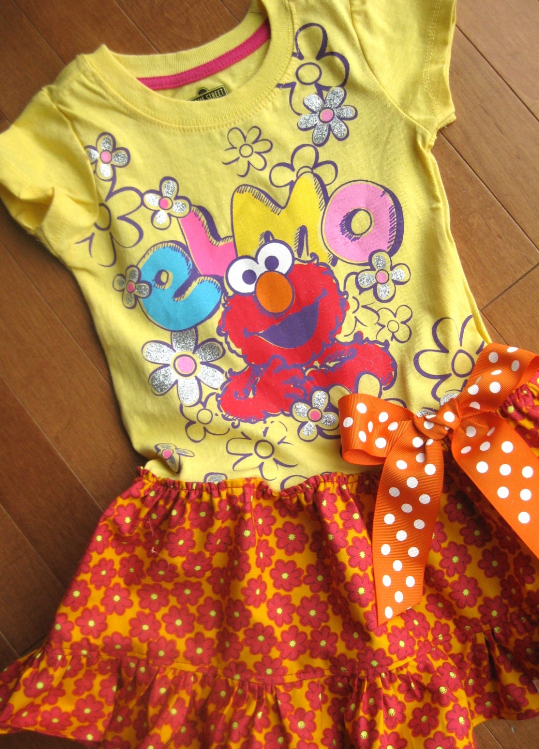 Elmo Dress Upcycled Shirt 18 mo 24 moOOAK Flowers Glitter Sesame Street
