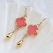 Simple Pink Clover and Gold Drop Earrings. Small Quatrefoil with Gold Colored Trim. Bridesmaid Gift. Simple Modern Jewelry