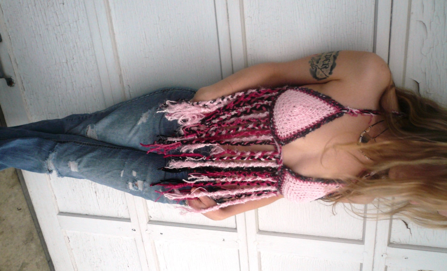 Sexy Hippie crochet halter top in pink, gray and black, tribal, festival, gyspy top