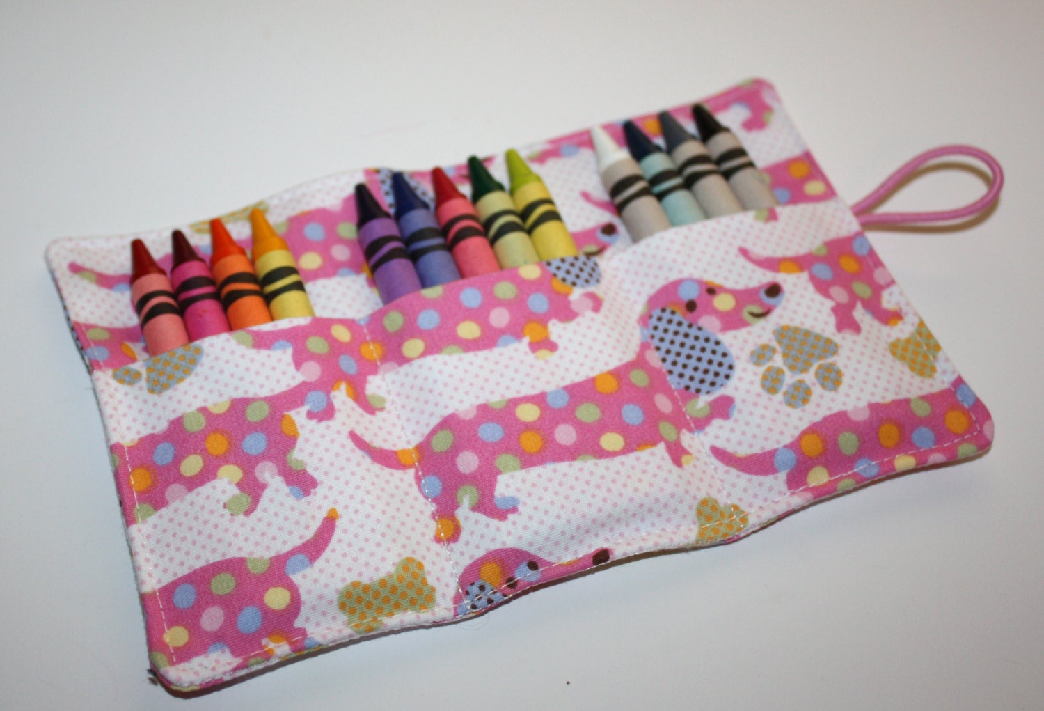 Crayon Roll Pink Polka Dot Dachshund Crayon Rollup, Crayon Roll holds 12 to 15 Crayons
