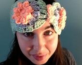20% off mint and peach granny square ear-warmer