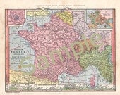 Old Map of France, Italy, Belgium, Switzerland Instant Digital Download 1880s Color Illustration