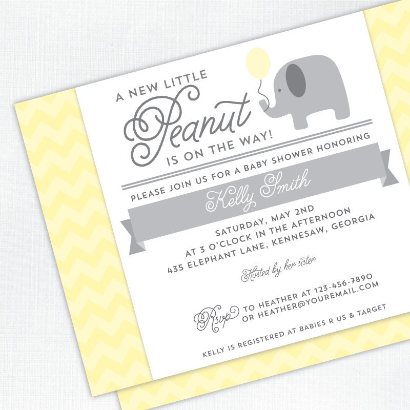 Elephant Baby Shower Invitation - yellow and grey chevron - PRINTED - Printable file also available Il_570xn