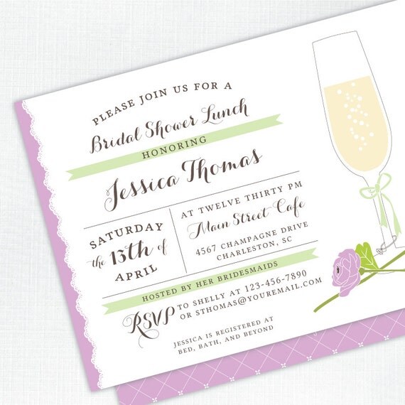 Champagne Bridal Shower Invitation - purple, green - PRINTED - Printable file also available Il_570xn