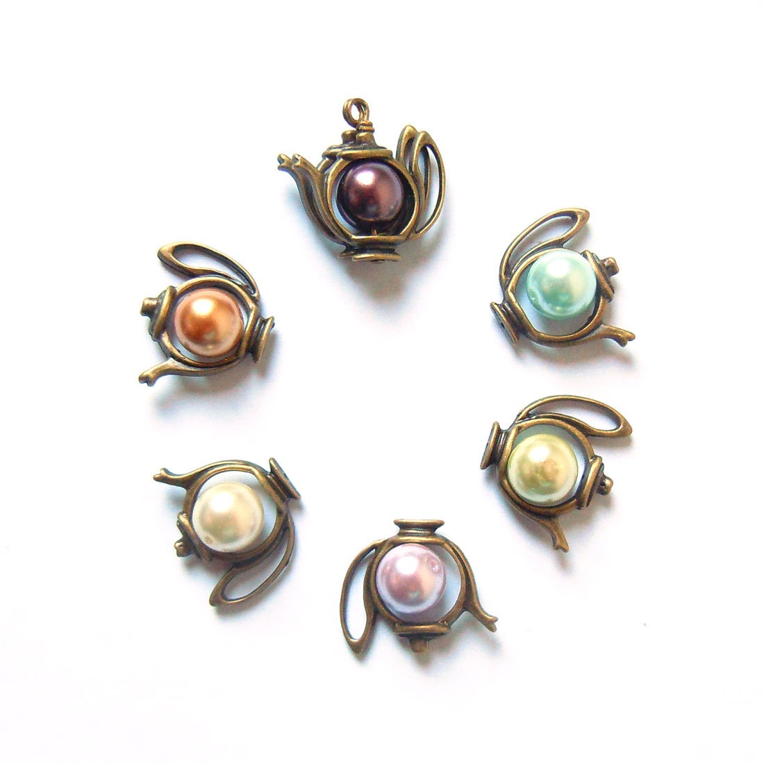 Antique Teapot with Pearl, Bridal Jewelry, Alice's teapot Pearl Necklace Brass Charm Whimsical Jewelry Alice In Wonderland.
