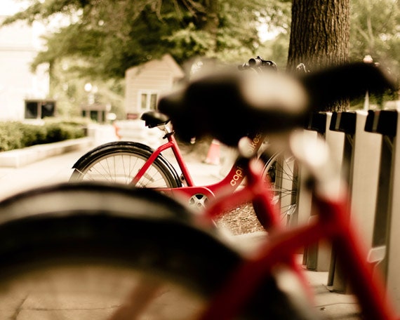 Red bike photo, bicycle art for bike enthusiasts, urban decor, red and black, spring summer decor, bike seat, bike wheel, bike parts - NancyFalsoPhotos