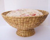 Natural  Wicker Pet bed with Soft Vintage Cream Floral Fabric and Soft Pillow - for Cats or Small dogs