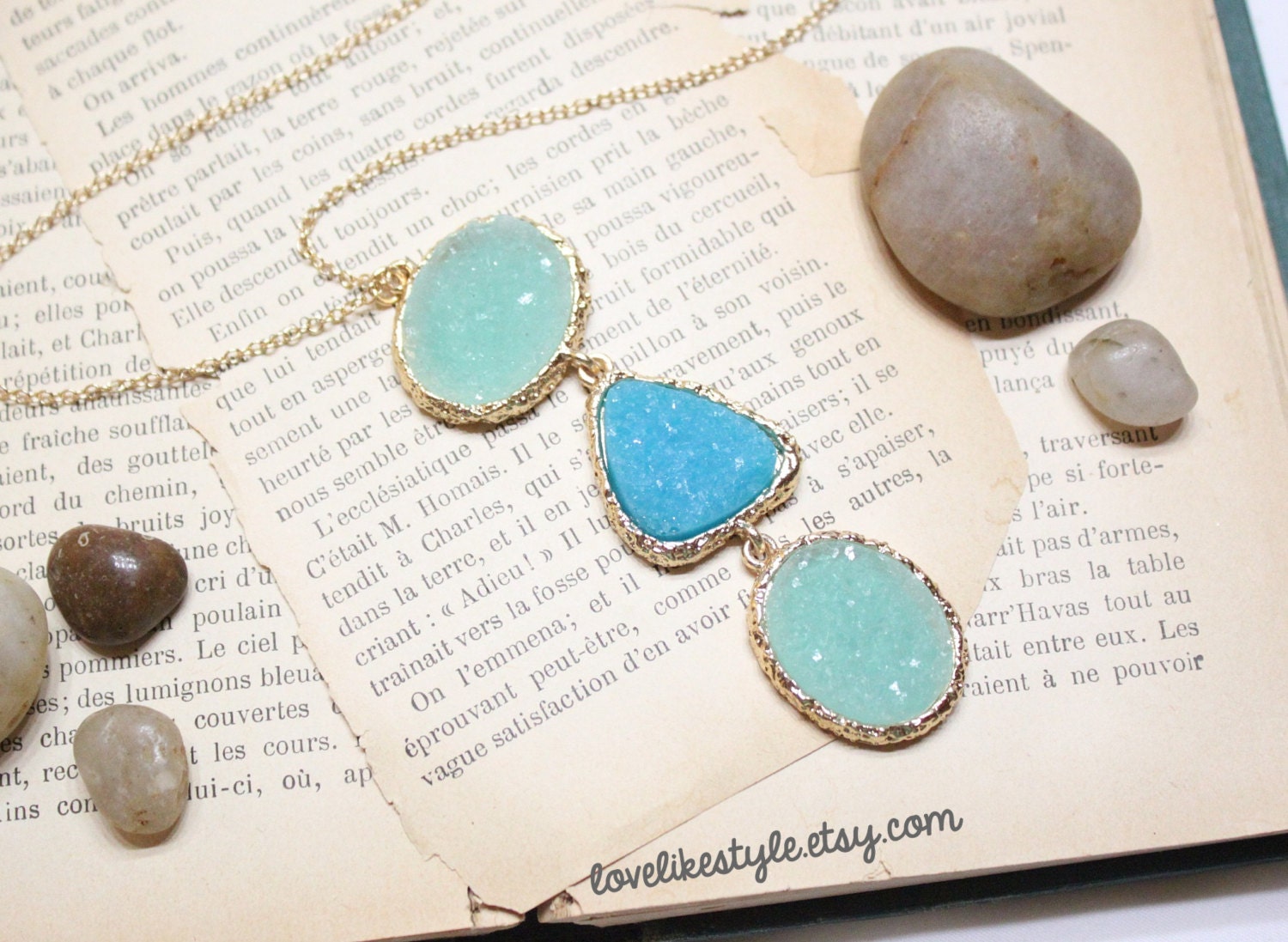 Long Necklace, Mint and Teal  Druzy Stones Gold Chain Necklace