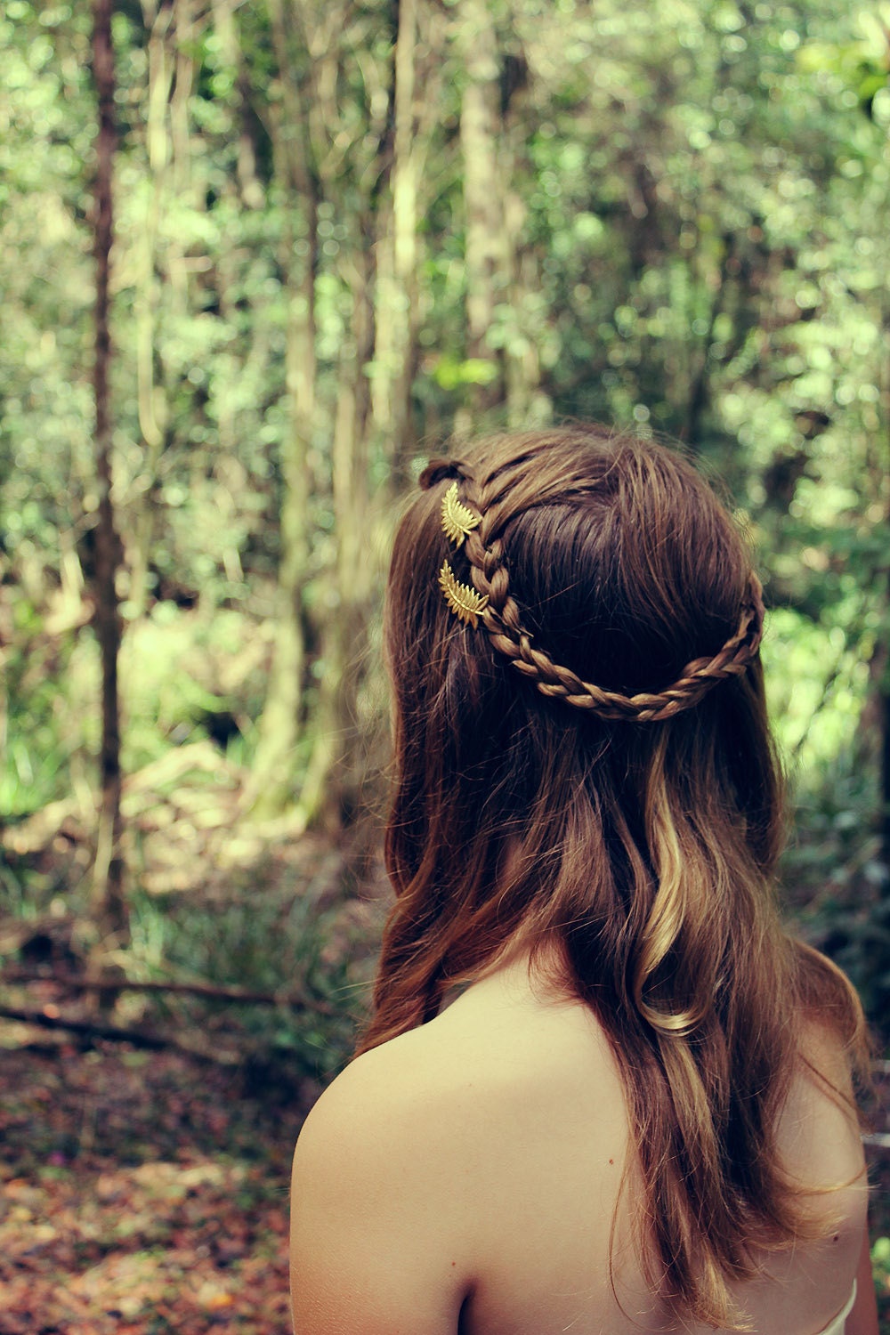 goddess golden ferns // brass hair bobbies, set of 2 in raw brass on antiqued copper bobby pins