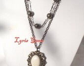 ON SALE Vintage Style Necklace, Antique Brass, Pyrite, White Agate Cabochon Pendant, Cameo Style. MY Fair Lady.