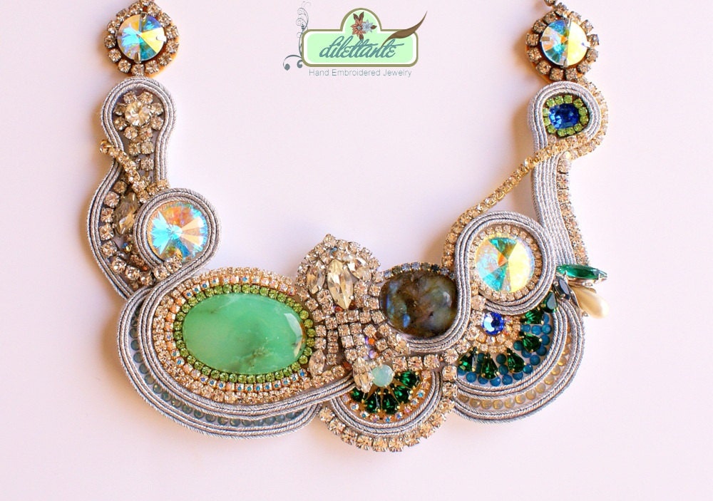 One of a kind Statement Necklace- Gemstone Necklace- Swarovski Crystal Necklace- Vintage Necklace- Peacock Necklace- Luxurious necklace