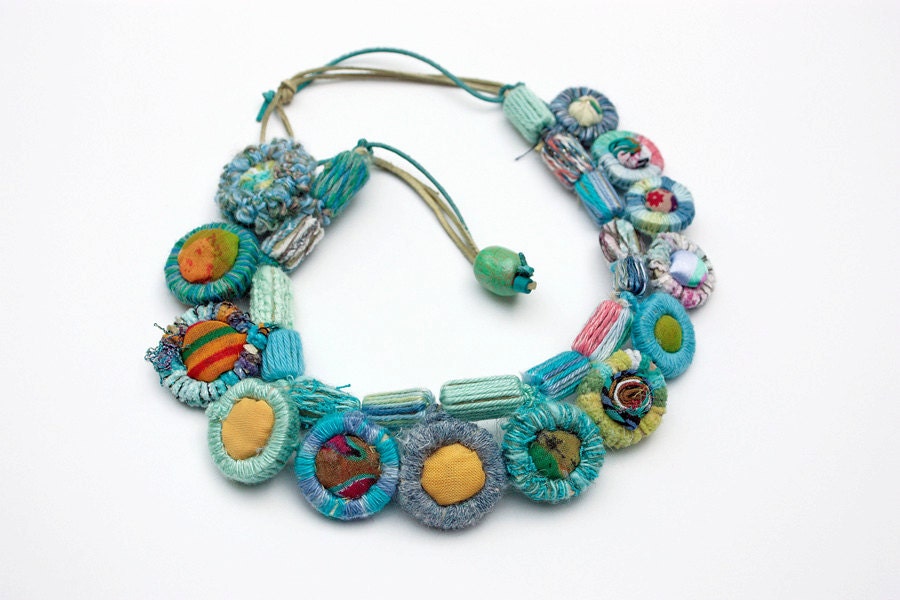 Handmade crochet necklace with bamboo and textile beads OOAK