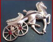 Vintage Brooch Pin Horse Cart Buggy Red Rhinestone Silver Metal Articulated BIG 3" VG