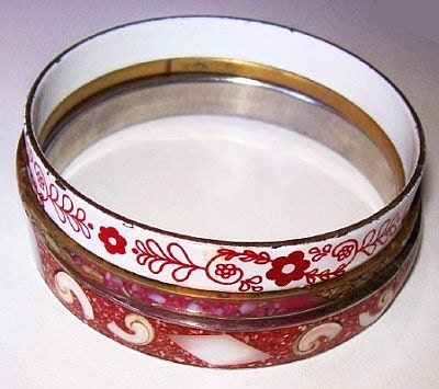 Reserved for Erin: Vintage Bangle Bracelet Set Lot of 3 Red White Enamel Mother of Pearl Gold Silver VG
