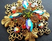 Vintage Brooch Pin Watermelon Rhinestones Gold Filigree Metal Florentine Design 2.5" VG