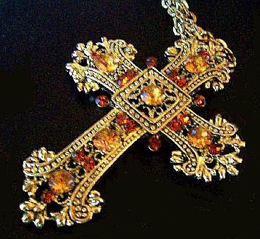 Vintage Pendant Cross Necklace Amber Cinnamon Rhinestones Gold Metal Double Chain 26" VG