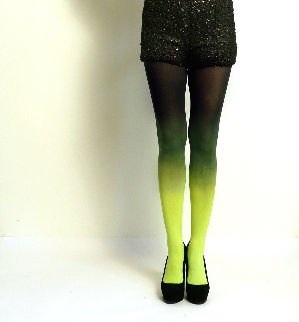 Ombre Tights. Hand dyed Neon Green and Spruce