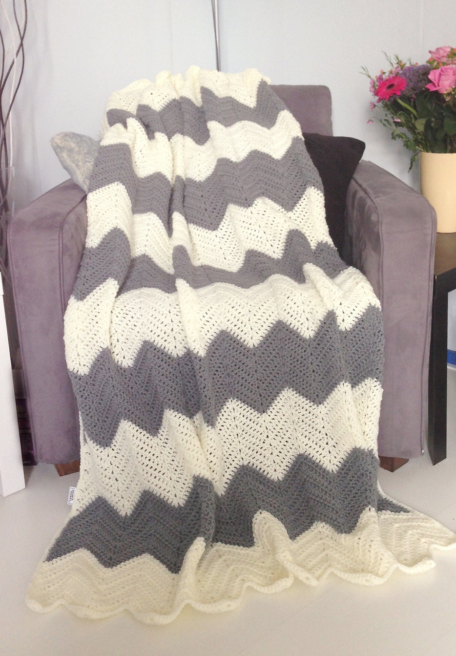 Cream and grey afghan crochet chevron blanket