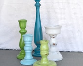 Coastal Cottage Candleholders -  Aquas Greens White Painted and Upcycled Shabby Chic Wood Candle holders Set of 5