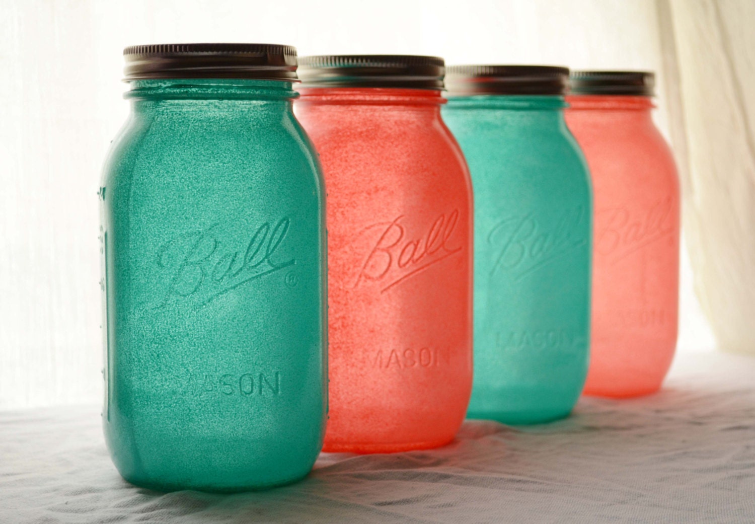 Stained Glass Mason Jars - Quart Size, Set of 4, in Aqua Blue and Coral