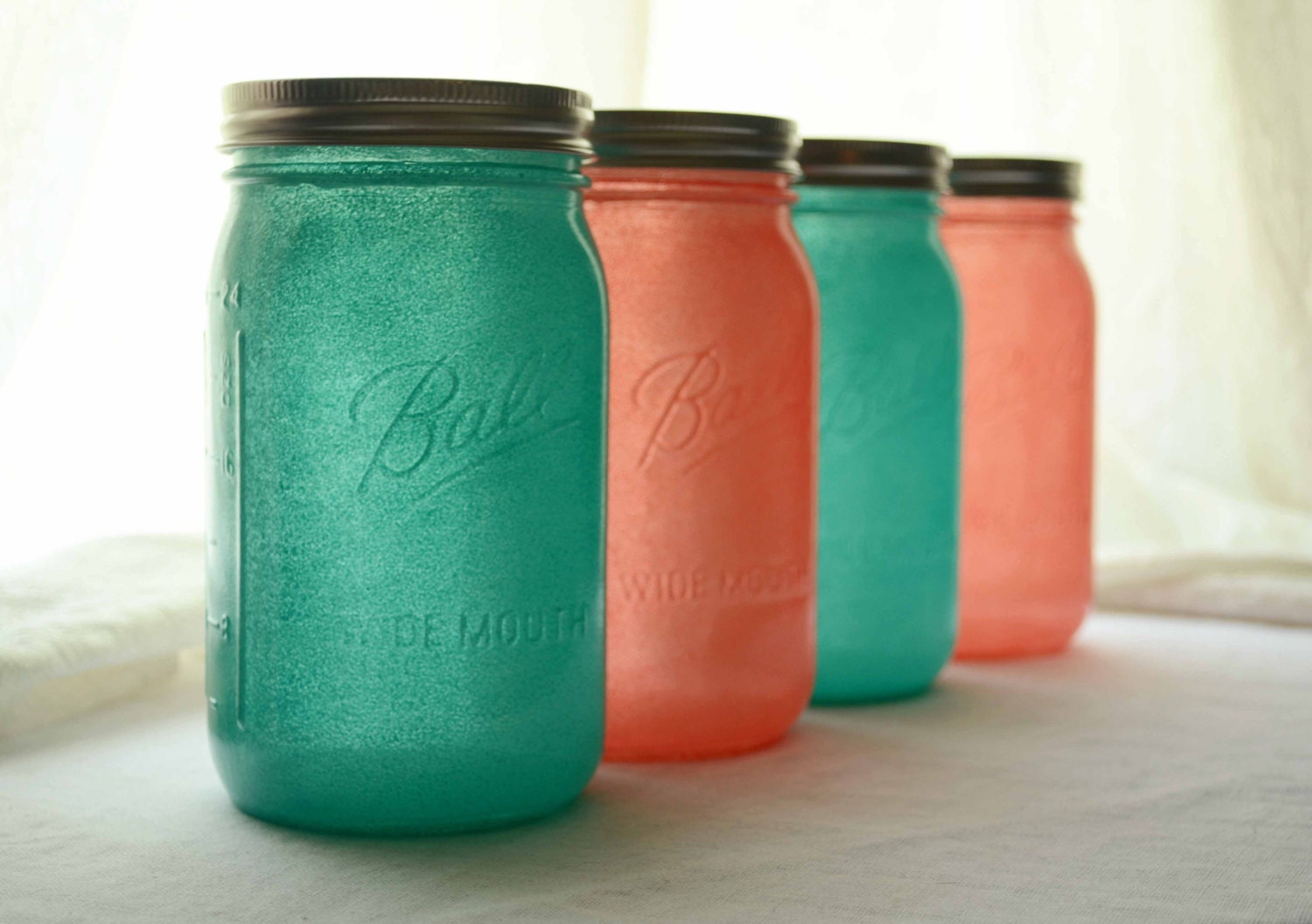 Stained Glass Wide Mouth Mason Quart Jars - Set of 4 - Aqua and Coral
